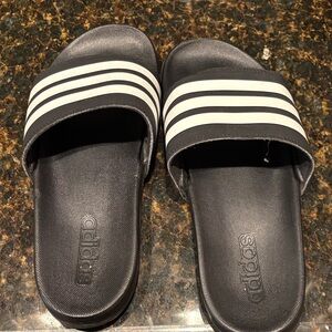 Adidas Black Slides with White Stripes